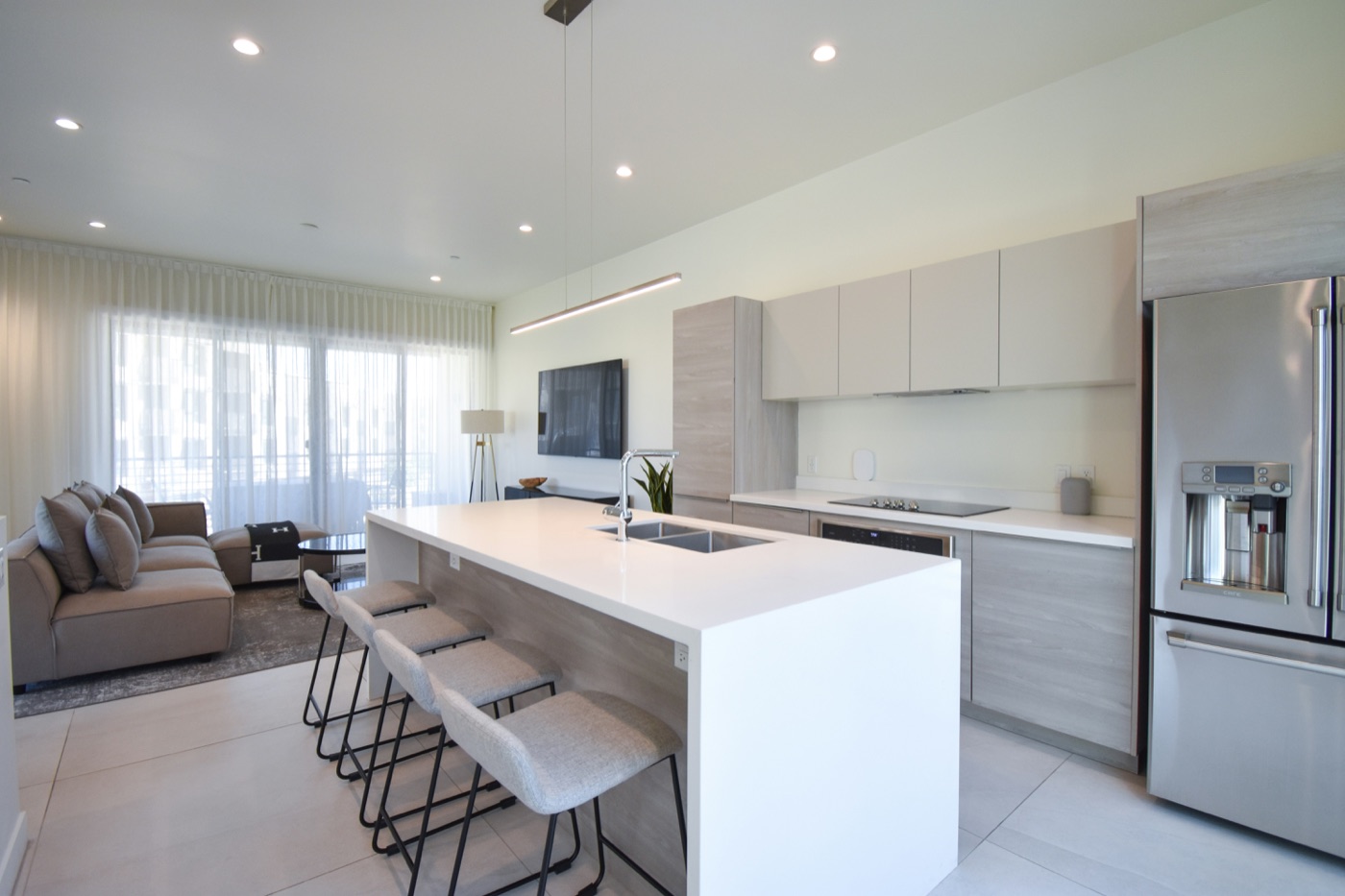 Bright apartment kitchen and living area